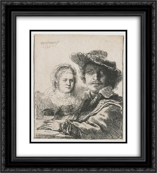 Self-portrait with Saskia 20x22 Black Ornate Wood Framed Art Print Poster with Double Matting by Rembrandt