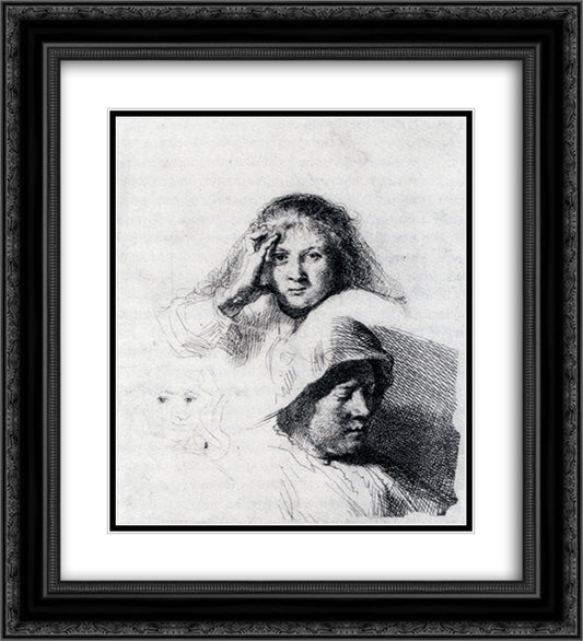 Sheet Of Sketches With A Portrait Of Saskia 20x22 Black Ornate Wood Framed Art Print Poster with Double Matting by Rembrandt