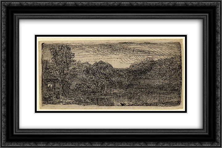 Small gray landscape, a house and trees beside a pool 24x16 Black Ornate Wood Framed Art Print Poster with Double Matting by Rembrandt