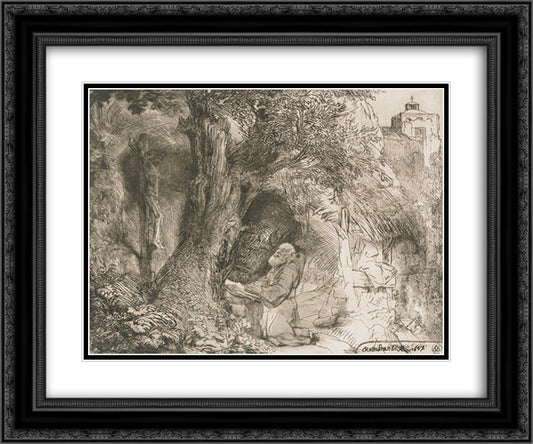 St. Francis beneath a tree praying 24x20 Black Ornate Wood Framed Art Print Poster with Double Matting by Rembrandt