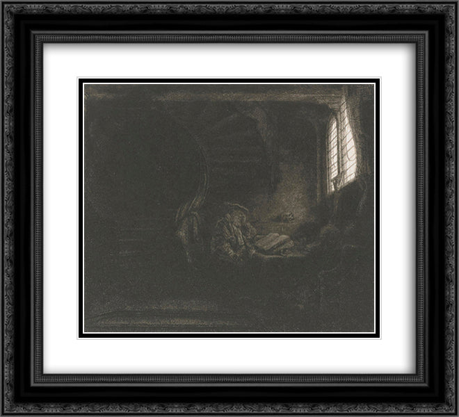 St. Jerome in a dark chamber 22x20 Black Ornate Wood Framed Art Print Poster with Double Matting by Rembrandt