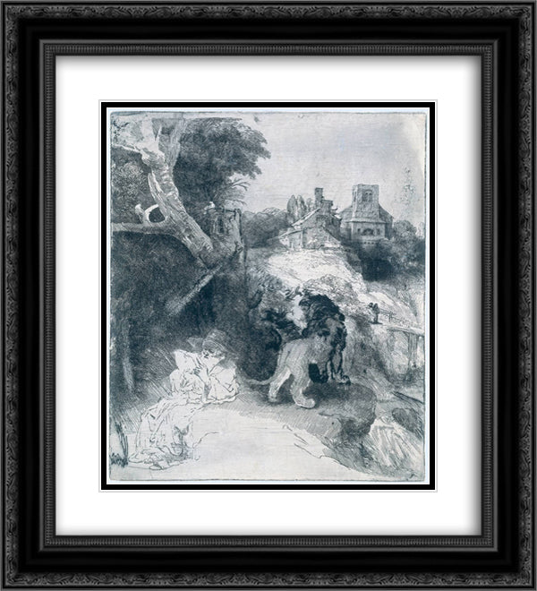 St. Jerome in an Italian landscape 20x22 Black Ornate Wood Framed Art Print Poster with Double Matting by Rembrandt