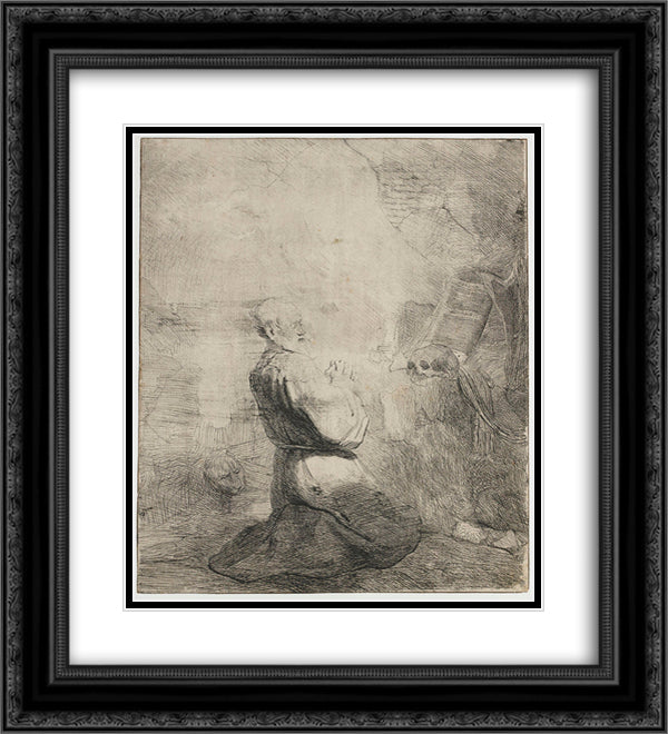 St. Jerome kneeling 20x22 Black Ornate Wood Framed Art Print Poster with Double Matting by Rembrandt