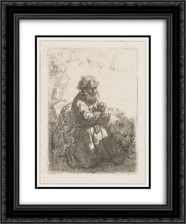 St. Jerome kneeling in prayer, looking down 20x24 Black Ornate Wood Framed Art Print Poster with Double Matting by Rembrandt