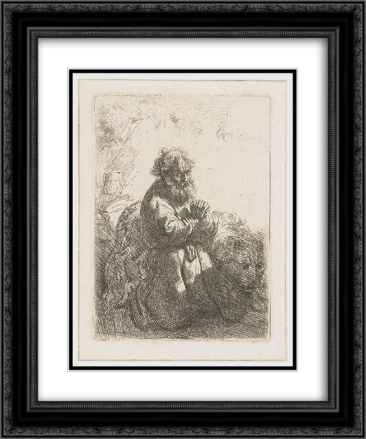 St. Jerome kneeling in prayer, looking down 20x24 Black Ornate Wood Framed Art Print Poster with Double Matting by Rembrandt