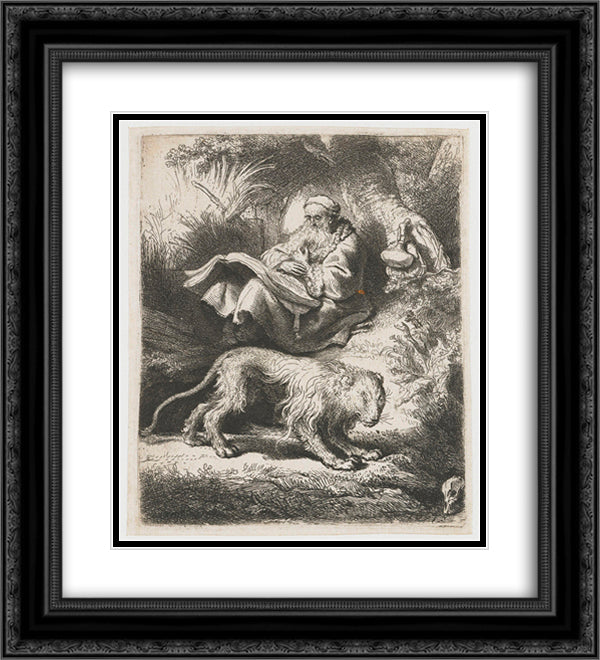 St. Jerome reading 20x22 Black Ornate Wood Framed Art Print Poster with Double Matting by Rembrandt