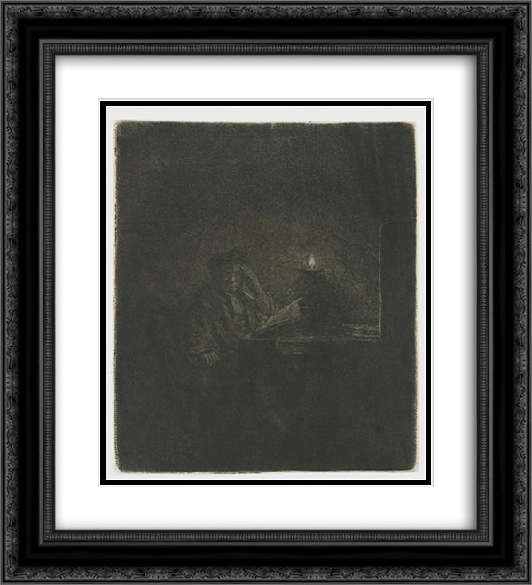 Student at a table by candlelight 20x22 Black Ornate Wood Framed Art Print Poster with Double Matting by Rembrandt