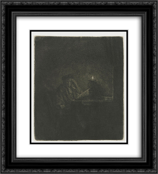 Student at a table by candlelight 20x22 Black Ornate Wood Framed Art Print Poster with Double Matting by Rembrandt