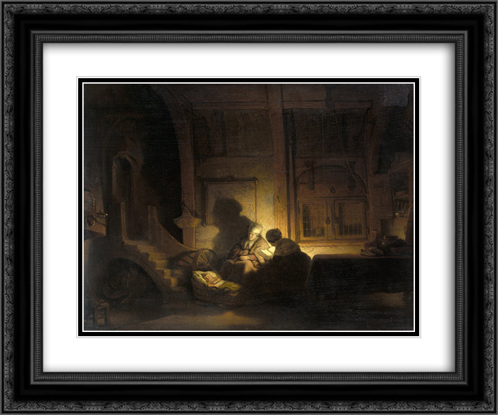 The holy family night 24x20 Black Ornate Wood Framed Art Print Poster with Double Matting by Rembrandt