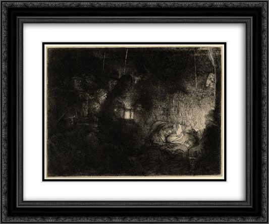 The adoration of the sheperds 24x20 Black Ornate Wood Framed Art Print Poster with Double Matting by Rembrandt