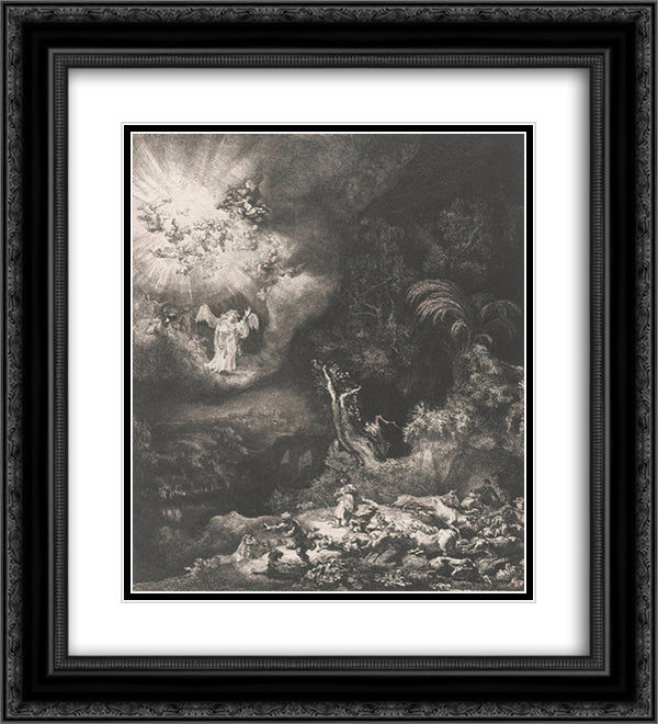 The angel appearing to the shepherds 20x22 Black Ornate Wood Framed Art Print Poster with Double Matting by Rembrandt