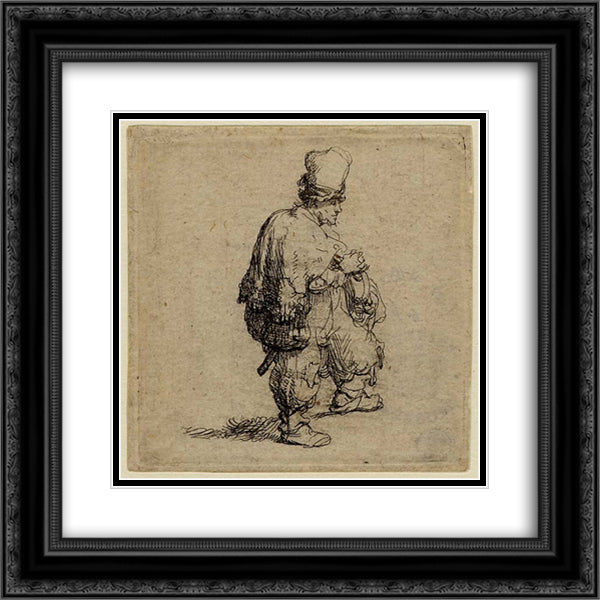 The barrel organ player (Polander standing with arms folded) 20x20 Black Ornate Wood Framed Art Print Poster with Double Matting by Rembrandt