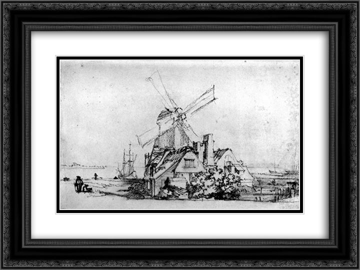 The bastion in Amsterdam 24x18 Black Ornate Wood Framed Art Print Poster with Double Matting by Rembrandt