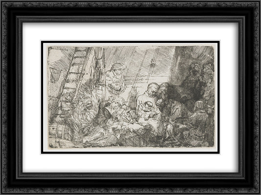 The circumcision in the stable 24x18 Black Ornate Wood Framed Art Print Poster with Double Matting by Rembrandt