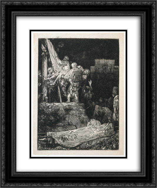 The descent from the cross by torchlight 20x24 Black Ornate Wood Framed Art Print Poster with Double Matting by Rembrandt