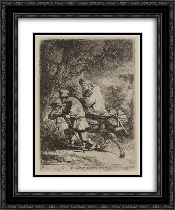 The Flight into Egypt 20x24 Black Ornate Wood Framed Art Print Poster with Double Matting by Rembrandt