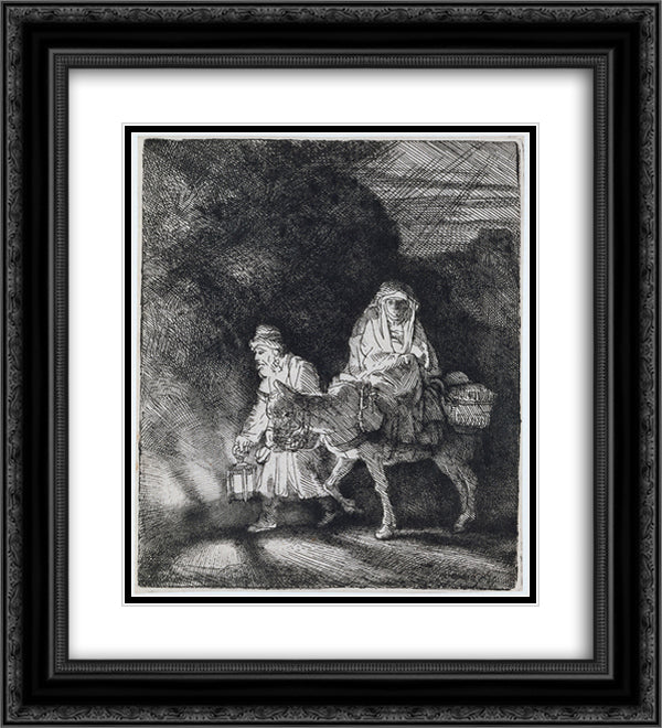 The flight into Egypt a night piece 20x22 Black Ornate Wood Framed Art Print Poster with Double Matting by Rembrandt