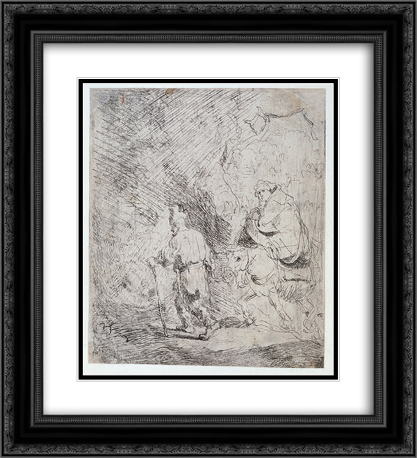 The flight into Egypt a sketch 20x22 Black Ornate Wood Framed Art Print Poster with Double Matting by Rembrandt