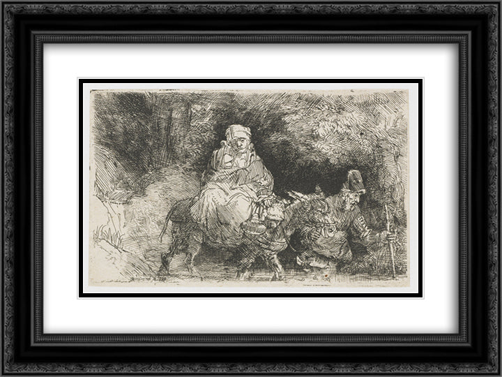 The flight into Egypt crossing a brook 24x18 Black Ornate Wood Framed Art Print Poster with Double Matting by Rembrandt