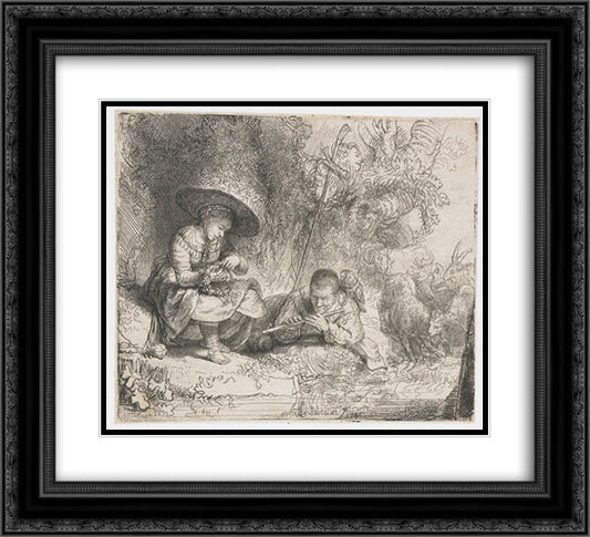 The flute player 22x20 Black Ornate Wood Framed Art Print Poster with Double Matting by Rembrandt