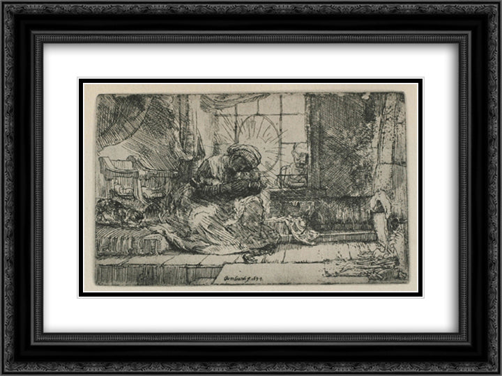 The Holy Family with a cat 24x18 Black Ornate Wood Framed Art Print Poster with Double Matting by Rembrandt