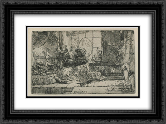 The Holy Family with a cat 24x18 Black Ornate Wood Framed Art Print Poster with Double Matting by Rembrandt