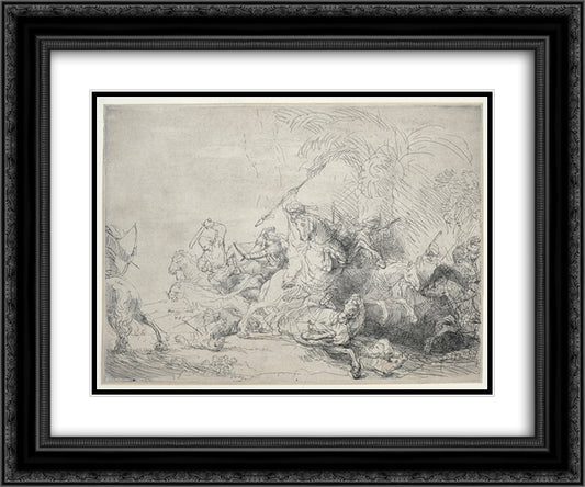 The large lion hunt 24x20 Black Ornate Wood Framed Art Print Poster with Double Matting by Rembrandt