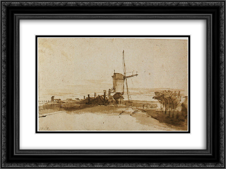 The Mill on the Het Blauwhoofd 24x18 Black Ornate Wood Framed Art Print Poster with Double Matting by Rembrandt