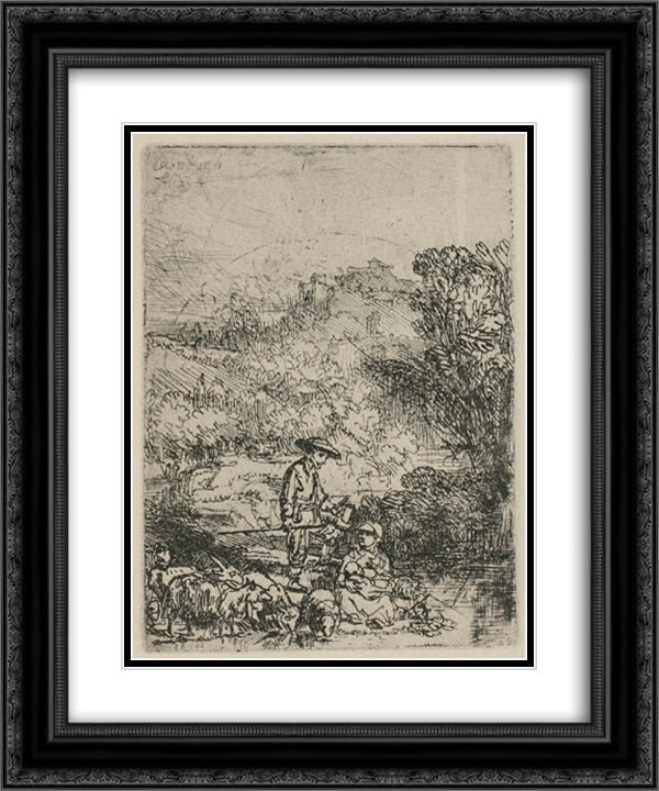 The Shepards in the Woods 20x24 Black Ornate Wood Framed Art Print Poster with Double Matting by Rembrandt