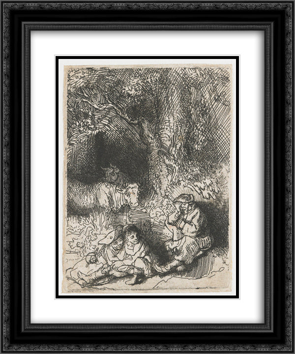 The sleeping herdsman 20x24 Black Ornate Wood Framed Art Print Poster with Double Matting by Rembrandt