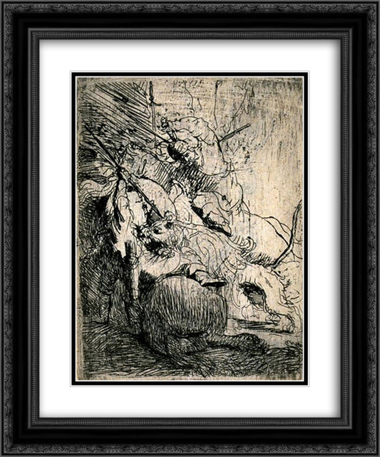 The Small Lion Hunt 20x24 Black Ornate Wood Framed Art Print Poster with Double Matting by Rembrandt