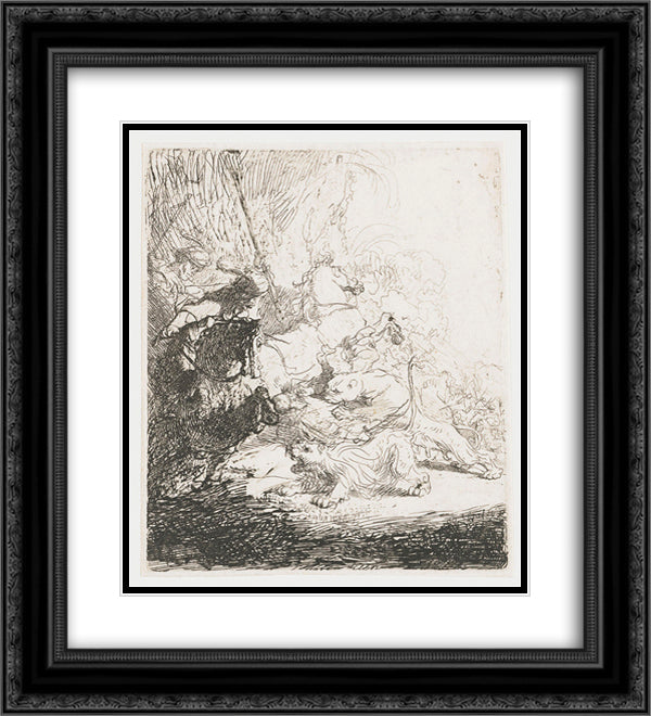 The small lion hunt with two lions 20x22 Black Ornate Wood Framed Art Print Poster with Double Matting by Rembrandt