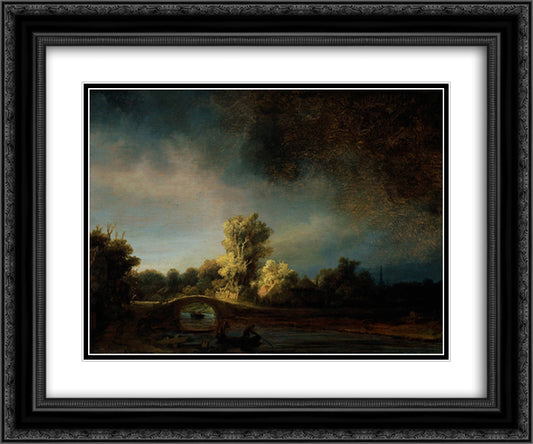 The Stone Bridge 24x20 Black Ornate Wood Framed Art Print Poster with Double Matting by Rembrandt