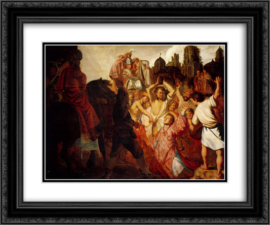 The Stoning Of St. Stephen 24x20 Black Ornate Wood Framed Art Print Poster with Double Matting by Rembrandt