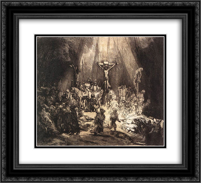 The Three Crosses 22x20 Black Ornate Wood Framed Art Print Poster with Double Matting by Rembrandt