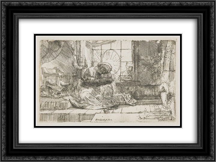 The Virgin and the child with the cat and snake 24x18 Black Ornate Wood Framed Art Print Poster with Double Matting by Rembrandt