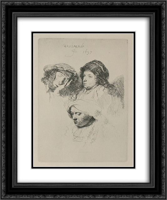 Three female heads with one sleeping 20x24 Black Ornate Wood Framed Art Print Poster with Double Matting by Rembrandt