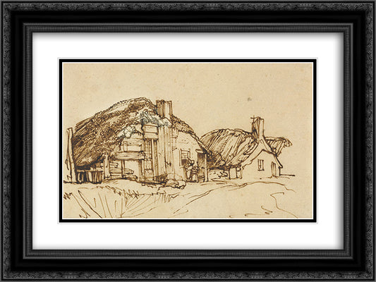 Two Thatched Cottages with Figures at the Window 24x18 Black Ornate Wood Framed Art Print Poster with Double Matting by Rembrandt