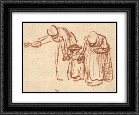 Two Women Teaching a Child to Walk 24x20 Black Ornate Wood Framed Art Print Poster with Double Matting by Rembrandt