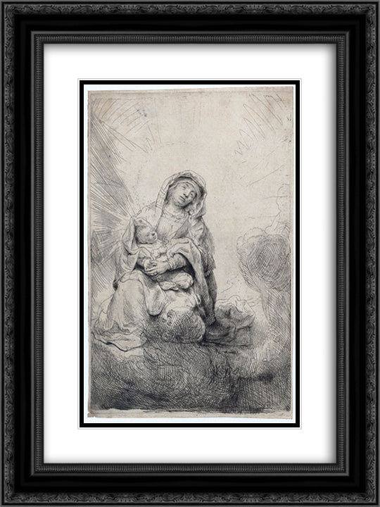 Virgin and child in the clouds 18x24 Black Ornate Wood Framed Art Print Poster with Double Matting by Rembrandt