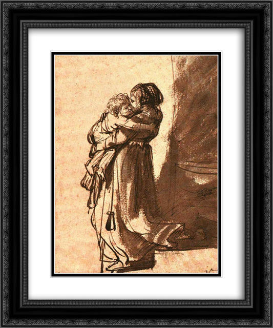 Woman Carrying a Child Downstairs 20x24 Black Ornate Wood Framed Art Print Poster with Double Matting by Rembrandt