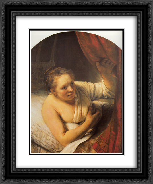 Woman in bed 20x24 Black Ornate Wood Framed Art Print Poster with Double Matting by Rembrandt