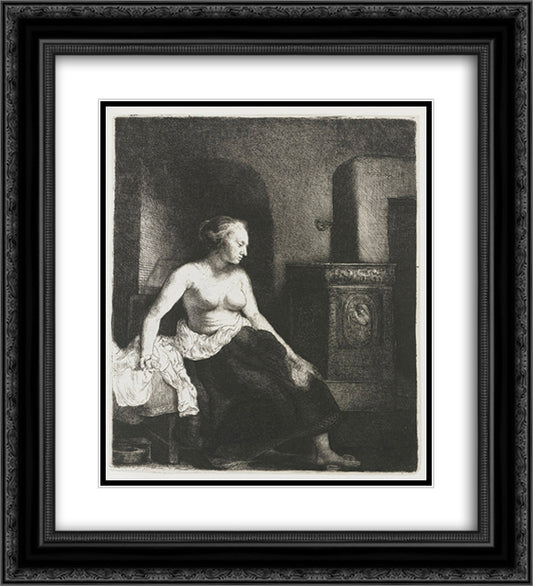 Woman Sitting Half Dressed Beside a Stove 20x22 Black Ornate Wood Framed Art Print Poster with Double Matting by Rembrandt