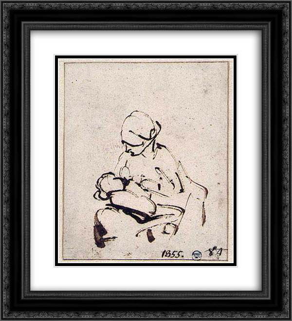 Woman suckling a child 20x22 Black Ornate Wood Framed Art Print Poster with Double Matting by Rembrandt