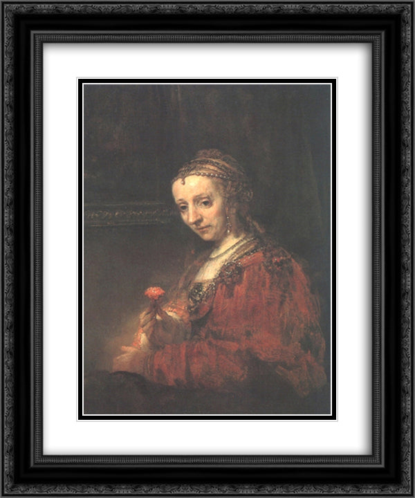 Woman with a Pink 20x24 Black Ornate Wood Framed Art Print Poster with Double Matting by Rembrandt