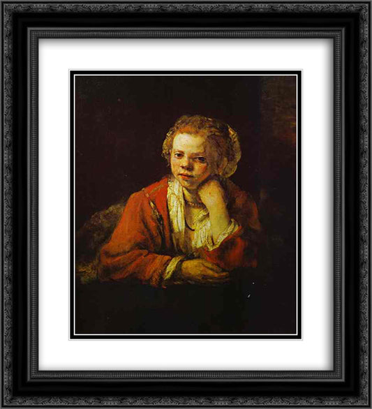 Young Girl at the Window 20x22 Black Ornate Wood Framed Art Print Poster with Double Matting by Rembrandt