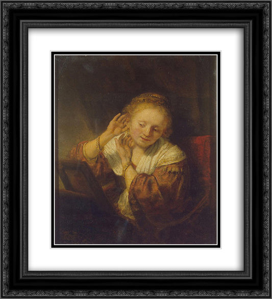 Young Woman Trying Earrings 20x22 Black Ornate Wood Framed Art Print Poster with Double Matting by Rembrandt