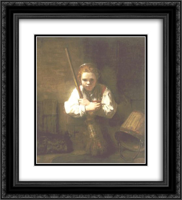 Young Woman with a Broom 20x22 Black Ornate Wood Framed Art Print Poster with Double Matting by Rembrandt