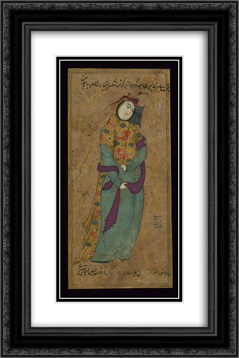A Lady with a Fan 16x24 Black Ornate Wood Framed Art Print Poster with Double Matting by Abbasi, Reza
