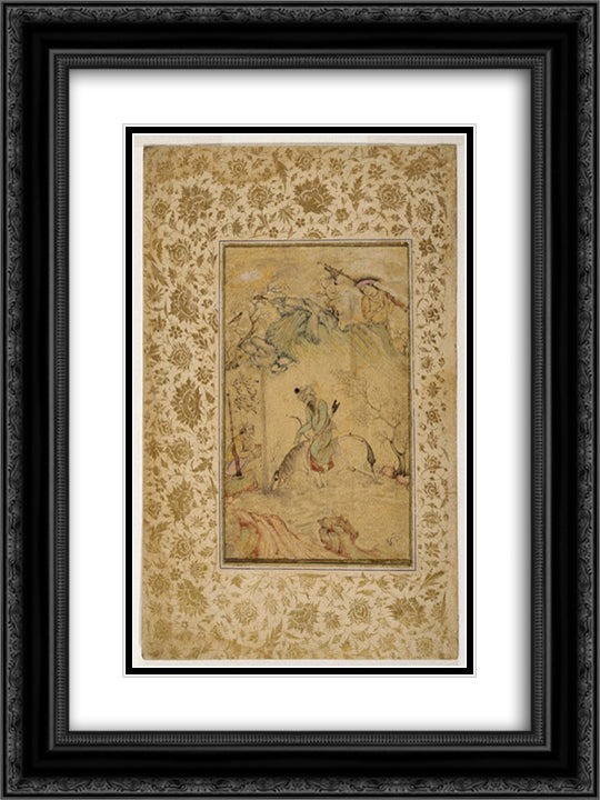 Hunters at a Stream 18x24 Black Ornate Wood Framed Art Print Poster with Double Matting by Abbasi, Reza